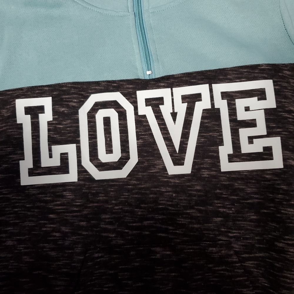 TEAL, WHITE, & BLACK & BROWN BLENDED PULLOVER "LOVE" 1/4 ZIP PULLOVER SWEATSHIRT - Picture 12 of 15
